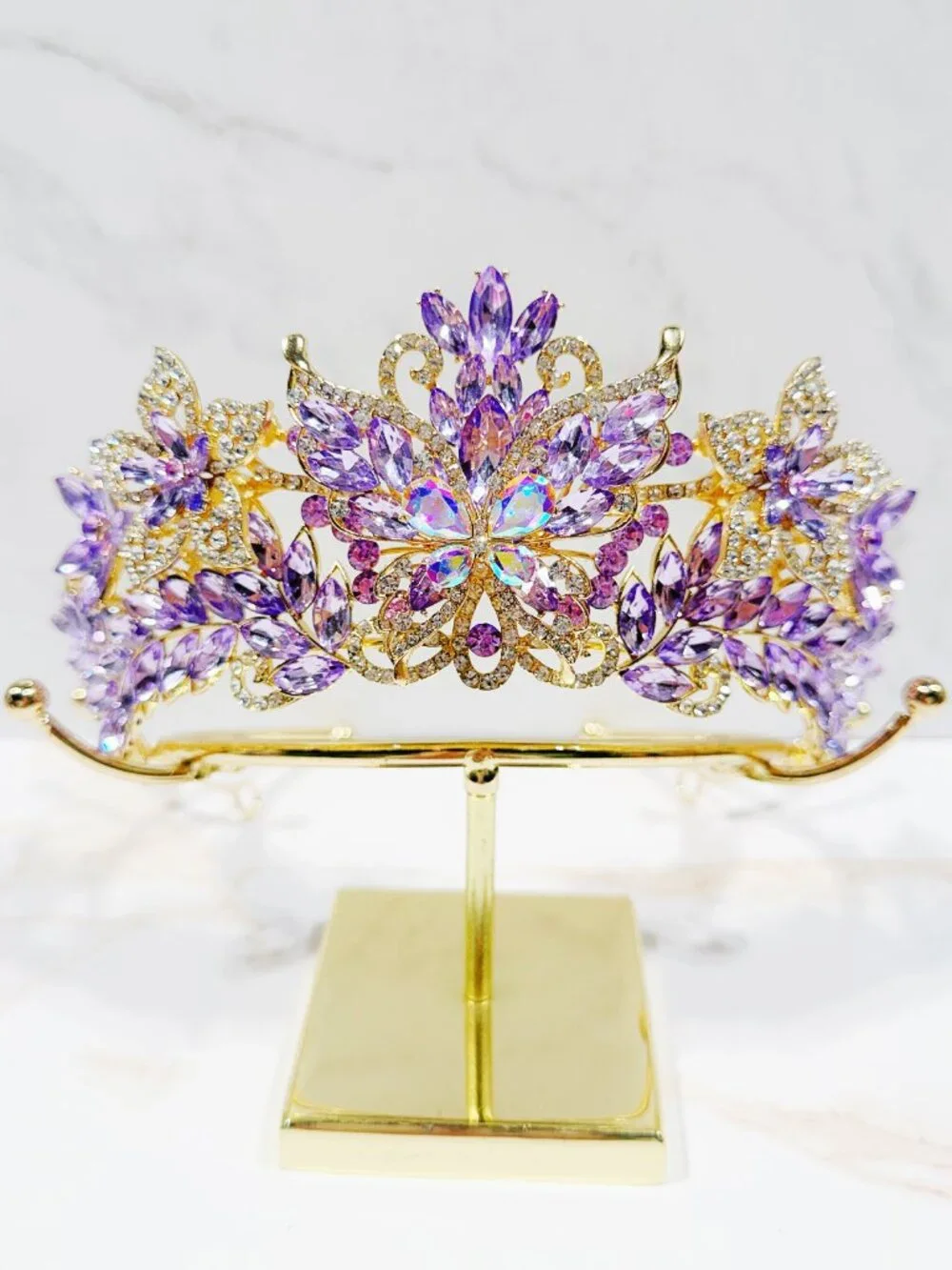 Purple Crystal Butterfly Tiara Crown Gold Tone Pageant Prom Wedding Headpiece